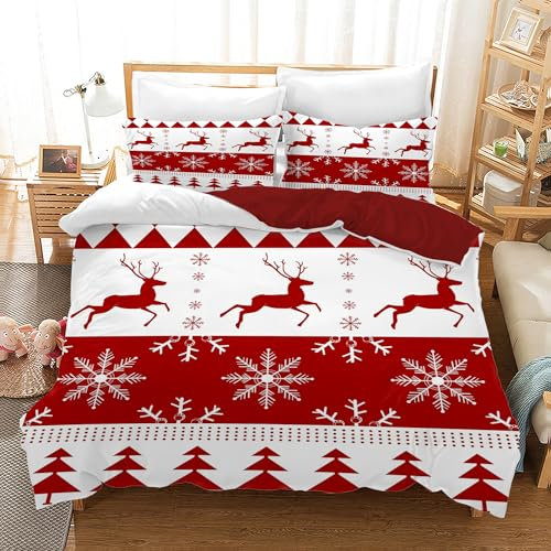 AVJWWD Weihnachten Bettwäsche Set Weihnachtsmann und Elch Schneemann Rentier Muster Bettbezug Set mit Kissenbezügen, Weihnachtsdekoration, Geschenk-Set (Weihnachten A, 135 x 200 cm)
