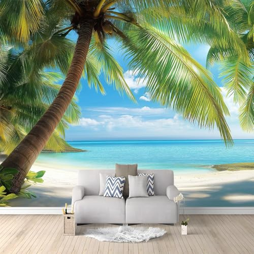 Fotomurales 3D Playa Tropical Palmeras 350x256 cm Papel Pintado Fotográfico, Decoración De la Pared Murales para Salón, Dormitorio, Habitación para Niños, Pared de TV