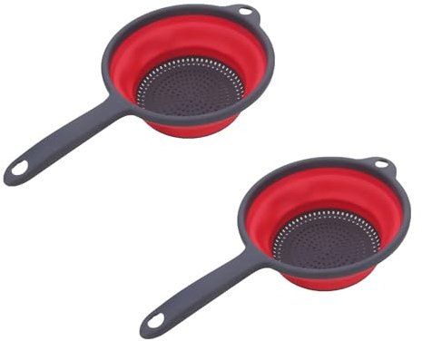 Surwin Scolapasta Pieghevole Salvaspazio con Manico Lungo, 2 Pezzi Scolapasta Silicone Verdura Cesto Scolapasta Plastica Silicone Pieghevole, per Drenare Pasta, Frutta, Verdura (Rosso)