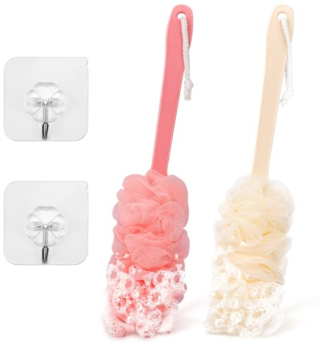 2Pack Back Scrubber for Shower Loofah with Long Handle, 17″ Loofah on a Stick for Men Women Bathing Accessories, Body Scrubber Sponge for Exfoliating Bath Brushes (Beige & Pink)