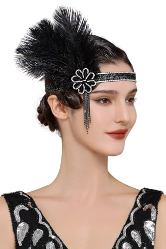 BABEYOND Flapper 1920s Gatsby Stirnband - Flapper Feder Kopfschmuck Hochzeit & Festival Damen Vintage Accessoires Schwarz