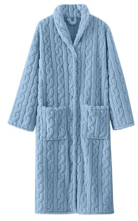 Bata larga de felpa para mujer, bata de baño de forro polar grueso jacquard con botones y bolsillos, acogedora y suave, para invierno, otoño, descanso, spa, cómoda ropa para el hogar, azul, M