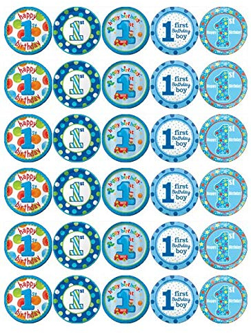 30 1st Birthday Boy Blue Pre Cut Cupcake Toppers Premium Edible Wafer Paper Fairy Cake Toppers Birthday Celebration Cakes Decorations Party NO CUTTING REQUIRED