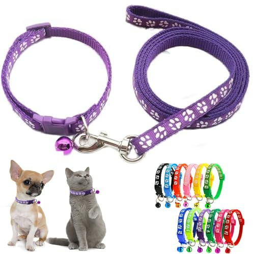 Lila Welpenhalsband und Leine, XXS, Hundehalsband, Leine, Set, reflektierend, Pfotenabdruck, verstellbares Kätzchenhalsband mit Glöckchen, für kleine XXS, XS, extra kleine Rassen, Haustiere, Hunde