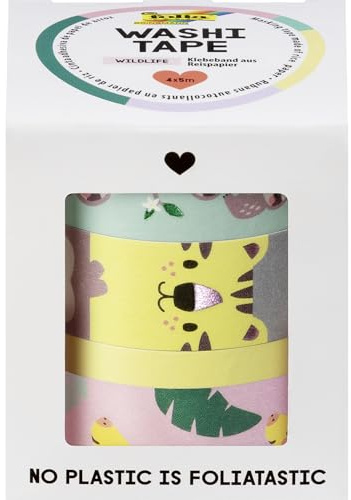folia 26457 – Washi Tape WILDLIFE, 4 x 5 m, tejp av rispapper, hotfoil i 4 djurmönster, för pyssel, dekoration och dekoration