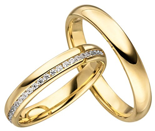 JC Trauringe Silber 925 Paarpreis Eheringe Gold Plattiert I Verlobungsringe 3,5mm breit I Partnerringe mit Gravur in edler Schatulle I 2 Hochzeitsringe Herrenring ohne & Damenring mit Steine I JCC005