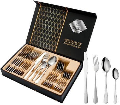 MMRTDJDR Ensemble de Couverts en Acier Inoxydable personnalisé Ensemble de Table Cadeau à 24 pièces pour Une fête en Famille Gervué d'anniversaire gravé Gift Silver