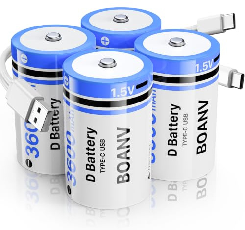 BOANV D Akkus Wiederaufladbar 3600mAh,1.5V Wiederaufladbare D Akku USB Typ C Ladekabel LR20 Ersatzbatterie für Taschenlampe,Kamera, Flutlicht Spielzeug (4 Stück)