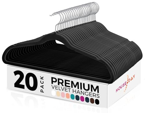 HOUSE DAY Schwarzer Kleiderbügel 20 Stück, Samt Kleiderbügel Rutschfester Filz Bügel -Platzsparende, Premium Schwarzer Anzugbügel, 360° Drehbarer Haken