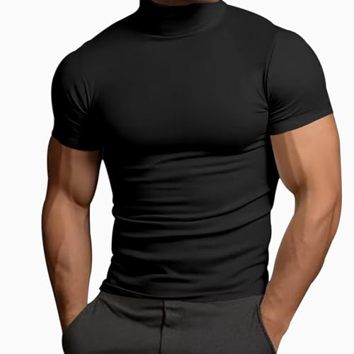 Mens Basic Mock Turtleneck Short Sleeve Solid Casual T-Shirt Pullover Tops Slim Fit Undershirt High Neck T-Shirt Tee (Black, M)
