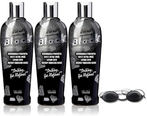 Bodaciously Black 50XX Ultra Dark Tanning Lotion 250ml 3 Pack with Goggles – Instant Bronzing Gelee for Fast Deep Colour and Ultra Moisturised Skin for Indoor or Outdoor Tanning