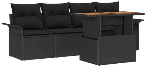 vidaXL Garten-Sofa-Set mit Speicher 5 pcs Schwarz Poly Rattan, Moderne, stylische Garten-Lounge, modulares Rattan-Sofa mit Akazienholz-Tisch, UV-beständige Sitzgelegenheit