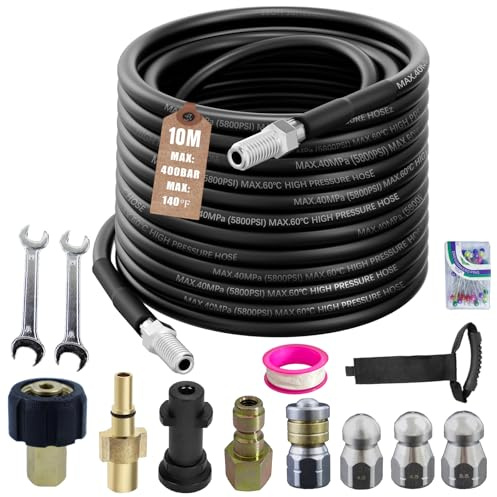 10M Déboucheur Canalisation Haute Pression,compatible avec Kärcher k2-k7, Lavor, Bosch, 400 Bar / 5800PSI Tuyau Nettoyeur Haute Pression, Kit Nettoyage Pro avec 4 Buses et 2 Adaptateurs