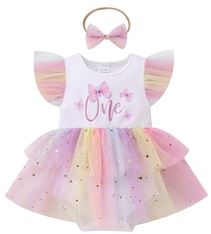 FYMNSI 1. Geburtstag Mädchen Baby Outfit Schmetterling 1 Jahr Party Kleid Baumwolle Tütü Tüll Prinzessin Bodykleid mit Stirnband Sommer Bekleidungsset Festliches Fotoshooting Kleidung Lila 12-18M