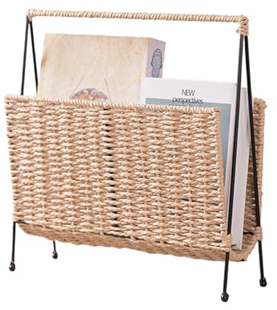 Laneryin Magazine Holder, Woven Magazine Rack with Iron Stand, Standing Basket Decorative Magazine Storage Rack, Book Basket for Newspaper, Letter, Files