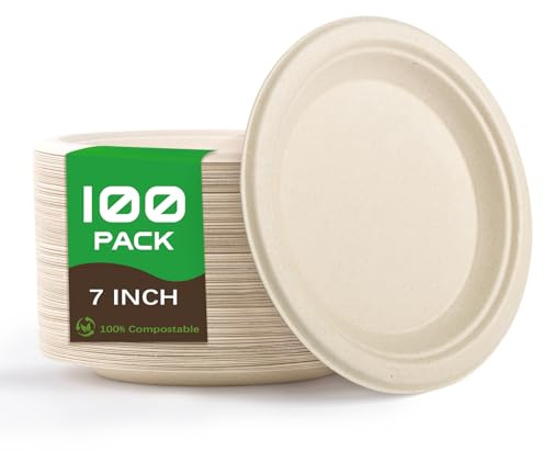 Platos Desechables 100Piezas,Cubiertos Desechables 100% Compostables-17.8cm | Cubiertos Desechables de Caña de Azúcar Biodegradables,Vajilla Desechable para Cumpleaños,Fiestas,Cámping,Picnic-Color Madera
