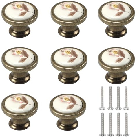 DYHNQE 8 PCS Ceramic Knobs with 8 Screws, Vintage Pull Handle Round Cabinet Knobs Retro Cupboard Door Knobs Decorative Flower Handles for Kitchen Drawer Dresser