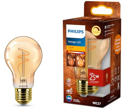 Philips Vintage Amber Spiral A60 Lampe, dimmbar, flimmerfrei, EyeComfort, 270 Lumen, Flame (1800 K), 3.1 W=25 W, E27 Sockel, 1er Pack