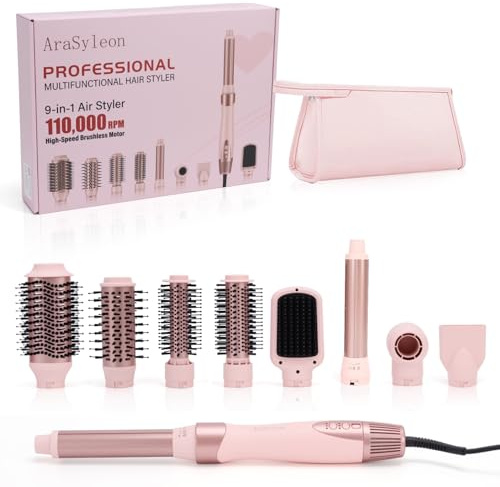 AraSyelon Multifunction Hair Styler 9 en 1 - Secador Profesional, Cepillo de Aire Caliente (25/32/48/68mm), Rizador Automático 32mm, Cepillo Alisador, 110,000 rpm, con Iones