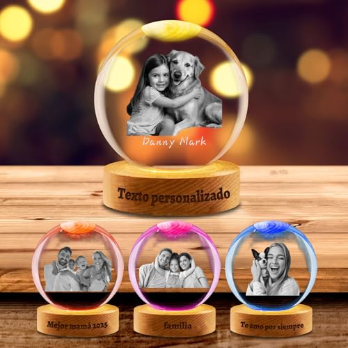 Esfera de Cristal Personalizada 3D con Foto y Texto - Bola de Cristal con Base de Madera Grabada, Regalo de Fotografía 3D Navidad, Halloween, Ultrasonidos, Familia (Navidad)