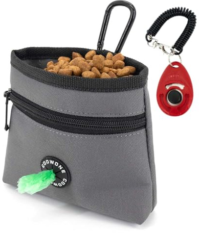 COOWONE Leckerlitasche für Hunde mit Trainingsklicker, Futterbeutel Hund mit Kotbeutelspender für Haustier Training Gassi Gehen- Magnetverschluss mit Dichter Abdichtung (Grau)