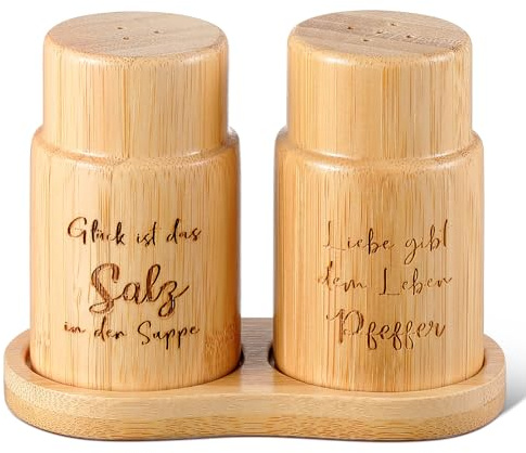 Geiserailie Salz- und Pfefferstreuer aus Holz Hochzeitsgeschenk Set mit Holzpalette Salz und Pfeffer Gewürzstreuer mit Gravur Einweihungsgeschenk für Brautpaar Hölzerne Hochzeit Einzug Polterabend