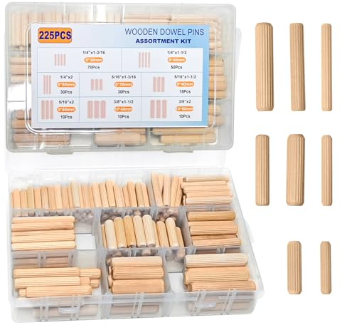 8 Values Wood Dowels Kit 1/4 3/8 5/16 Inch Fluted Wooden Dowel Pins Pegs Assortment for Furniture Woodworking DIY Crafts 225Pcs