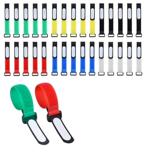 ANBOO Coloured Cable Ties, 30 PCS Reusable Hook and Loop Cable Straps with Writable Labels, 20cm x 2cm Adjustable Cord Ties, Wires, Home and Office, Multi-Purpose Cable Management, 6 Colors