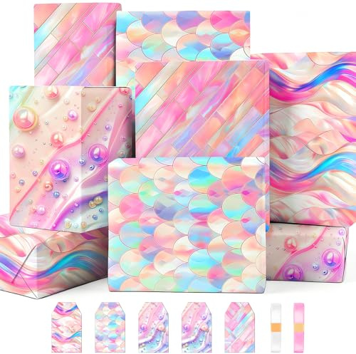Geschenkpapier Geburtstag, 5er Set Hochwertiges Rosa-violett Geschenkpapier Bogen, Edles & Schönes Geburtstagspapier Geschenkpapier für Frauen,Luxus Verpackungspapier Geburtstag mit Bändern & Tags