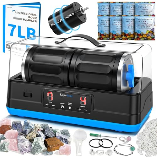 KomeStone K4 Quiet Rock Tumbler Kit for Adults, 7LB Large Double-Barrel | Professional Brushless Polisher with Noise-Reducing Cover, Complete Kit, STEM Gift For All Ages