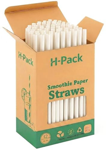 H-Pack Paper Straws 12mm White 250 Pcs Disposable Food Safe Eco-Friendly Drinking Pipe for Smoothies Milkshake Cocktail Juice Party Restaurant Café Events
