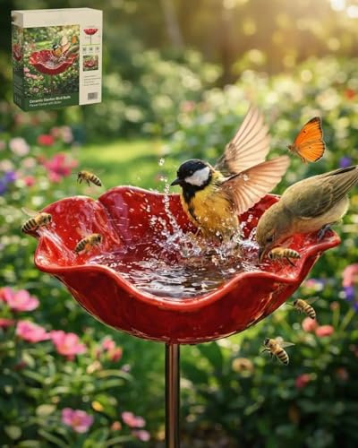 mmfLyuLD Handmade Metal Flower Garden Stake Bird Bath, Dual-Function Metal Flower Bird Bath and Pollinator Water Station for Garden,Bee Watering Flowers Stake Station for Garden Patio Yard Lawn (RED)