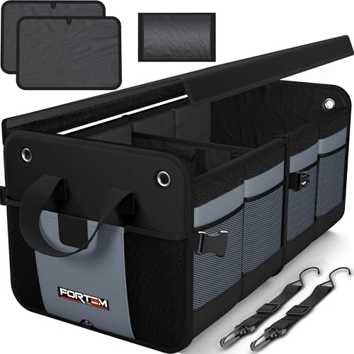 FORTEM Kofferraum Organizer, Kofferraumtasche, Zusammenklappbarer Auto Organizer Kofferraum mit Fächern, Rutschfester Boden, Verstellbare Sicherungsriemen, Klappbarer Deckel (65L)