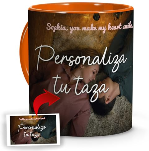 Taza Personalizada con Foto y Texto. Regalos para el Día de los Enamorados. Tazas Originales Personalizables. Sorpresas Originales para Parejas. Taza para Día de la Madre. Interior y Asa Naranja