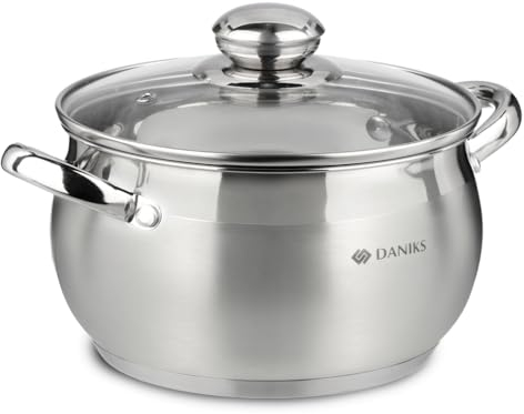Daniks Classic Marmite Inox 20 cm 3.9 Litres, Faitout avec Couvercle en Verre, Tous Feux y Compris Induction, avec Échelle de Mesure, Argent