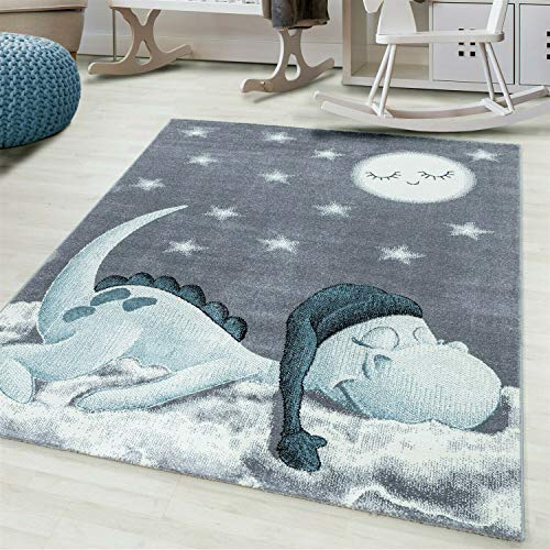 Ayyildiz Stilvoller Spielspaß, Rechteckiger oder runder Kinderteppich in Blau und Grau mit Dinosaurier-Motiv - Ideal für Kinderzimmer, Spielzimmer und Babyzimmer, Größe:80 x 150 cm, Farbe:Blau