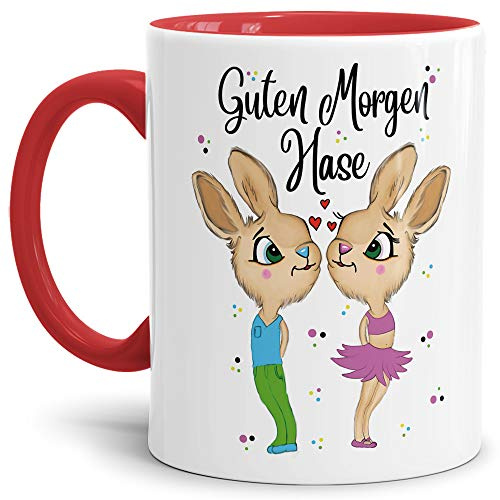 Tasse mit Spruch Hasenliebe - Guten Morgen Hase - Geschenk-Idee/Süßer Hase/Kaffee-Tasse/Ostern/Liebe - Innen & Henkel Rot