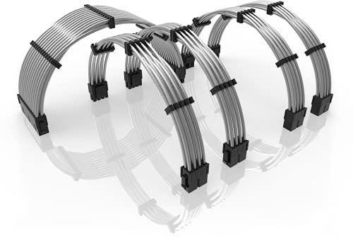 LINKUP - 30cm PSU Kabelverlängerung Ummantelt GPU Nach Maß PC Stromversorgung mit Kamm-Kit | 1x 24 P (20+4) | 2X 8 P (4+4) CPU | 2X 8 P (6+2) GPU Set | 300mm - Metallic-Silber