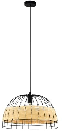 EGLO Pendelleuchte Anwick, 1 flammige Hängelampe Vintage, Boho | Hängeleuchte aus Stahl und Rattan, Esstischlampe, Wohnzimmerlampe hängend in Schwarz, Natur, E27 Fassung, Ø 50 cm