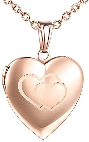 MicVivien Acciaio Inossidabile Collana con Ciondolo portafoto a Forma di Cuore con Modello Doppio Cuore/Love, Personalizzata Collane Gioielli per Mamma Donne Ragazze