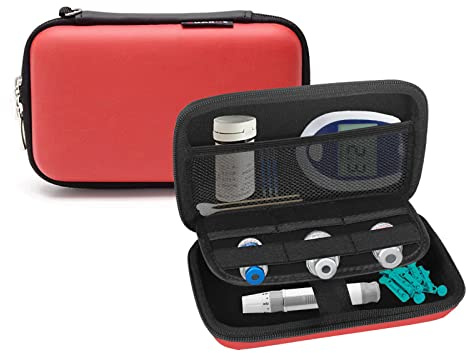 Hartschalenetui für Diabetiker, Insulin-Reisetasche, Tasche für Lanzetten, Blutzuckerteststreifen, Stechhilfe, Stift-Nadeln, Glukose-Messgerät, Medikamente, Tabletten, Alkoholtücher, Tupfer (rot)