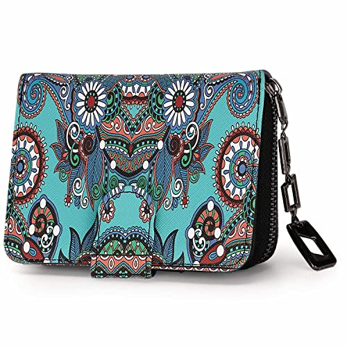 Geldbeutel Damen klein im Kurzformat, Geldbörse Damen mit Blumen und Blüten Muster im Mandala und Ethno Stil, Portemonnaie mit Reißverschluss und Druckknopf und vielen Fächern (Gruene Blume).