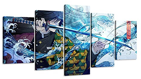 ZHONGYUTONG 5 Teilig Leinwandbild mit Rahmen Demon Slayer Poster Kimetsu Japanische Anime Figur Tanjiro Kunstdrucke HD Gemälde für Wohnzimmerdekoration (100x55cm)