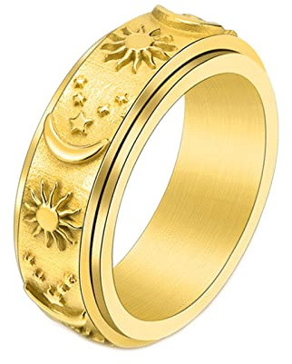 Mesnt Herren Goldringe, Spinner-Ring Mit Sonne-Mond-Stern-Gravur Zum Stressabbau Gold Größe 54 (17.2)