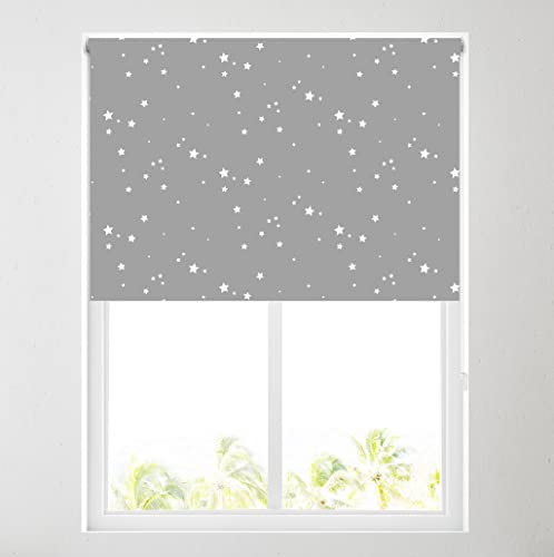 Barnes Blinds - Children's Blackout Roller Blinds for Windows, Custom Cut to Size - Black Out Thermal Fabric Durable Fittings Easy Fit - Roller Blind Patterned - Kids (GLO Stars Grey 61cm)