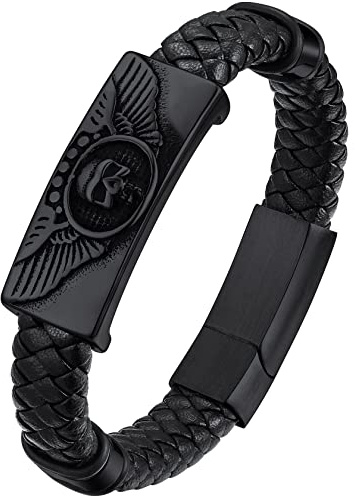 ChainsHouse Bracelet Cuir Homme 19/21/23 cm Etoile de David/Templiers Croix/Crane Tete de Mort Acier/Noir Gourmette Garcon Amulette de Protection Fermoir Magnétique Cadeau Copain Petit Ami Jeune