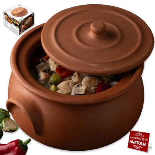 Hakan Casserole en argile faite à la main avec couvercle, batterie de cuisine en terre cuite naturelle non émaillée, casserole en terre cuite, cocotte, plat en terre cuite, plat coréen, indien,