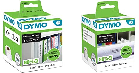 DYMO Original LabelWriter-Mehrzwecketiketten/große Ordnerrücken-Etiketten | 59 mm x 190 mm & Original LabelWriter Adressetiketten | 36 mm x 89 mm | schwarzer Druck auf weißem Untergrund