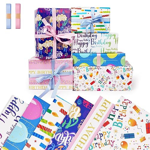 OFFCUP Geschenkpapier Recycelbares, Geburtstagspapier Set 6 Blatt 50x70cm | Geschenkpapier Geburtstag Bunt Verpackungspapier mit 2 Bündel Bänder Kindergeburtstag Geschenke Deko（Brief）