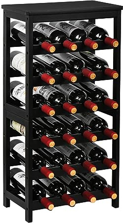 VASMIA Wine Rack Freestanding Floor, 6-Tier Display Wine Storage Shelves with Table Top, 24-Botttle Bamboo Wine Rack Shelf for Kitchen Bar Dining Room Living Room, Black